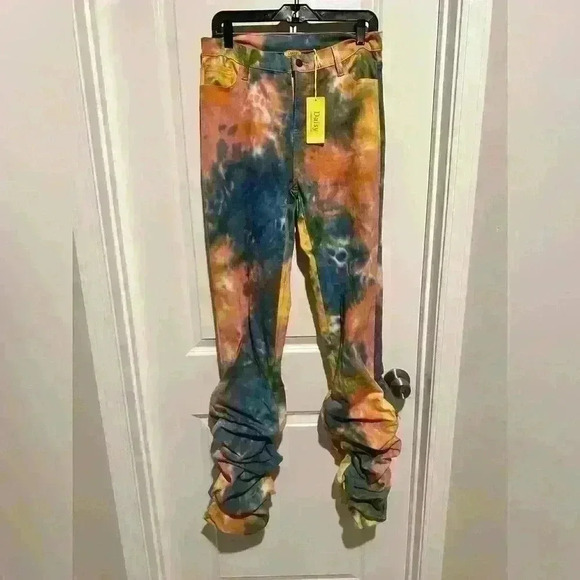 Tye Dye Multicolor Stacked Ruched Hem Skinny Denim Jeans S 1X - Picture 5 of 5
